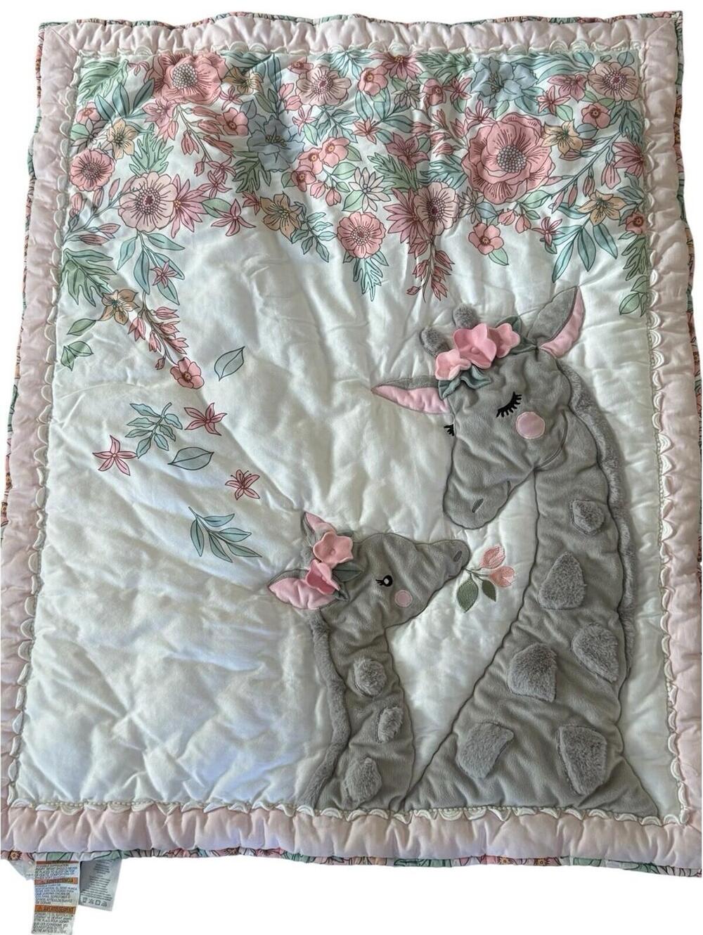 Lambs & Ivy Baby Quilt Baby Giraffe And Mama 32.5” X 40” Pink Gray